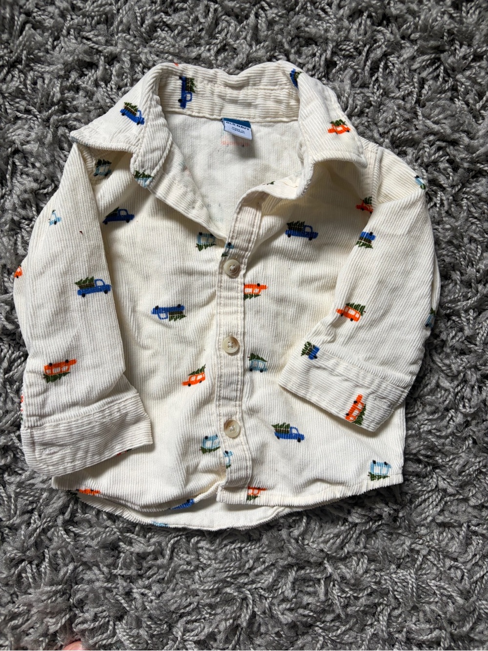 Baby Boy’s Cream Corduroy Button-Up Shirt with Colorful Truck Embroidery